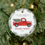 Vintage Red Farm Truck | First Christmas Mr & Mrs Ceramic Tree Decoration<br><div class="desc">Featuring stunning hand-painted red truck, and your information on the front with your own photo personalised on the back. Remove photo to have front and back design matching if desired. A wedding ornament makes the perfect gift to mark the first Christmas a newlywed spends together. The wedding ornament from your...</div>
