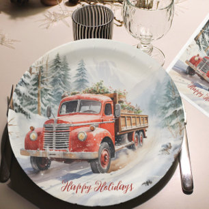 Vintage Red Farm Truck Loaded For Christmas Paper Plate