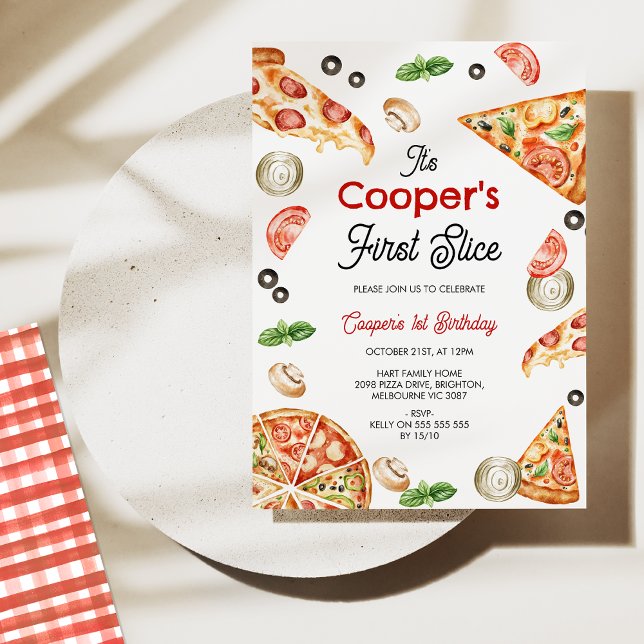 Vintage Red First Slice Pizza 1st Birthday Invitation (First Slice Pizza 1ST Birthday Invitation, Pizza Parlor Invite, First Birthday Pizza Party, Instant )