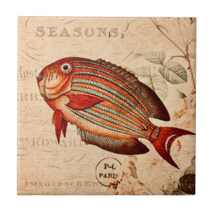 Vintage Red Fish Floral Illustration Tile