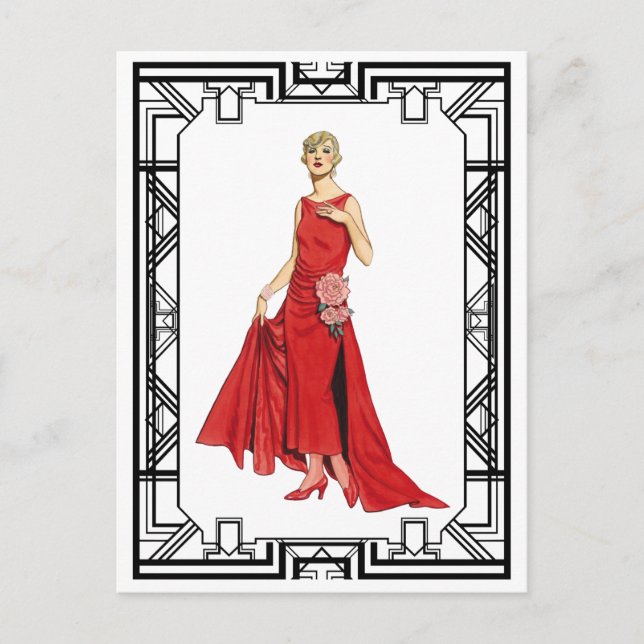 Vintage Red Flapper Slinky Silk Gown Fashion Postcard (Front)