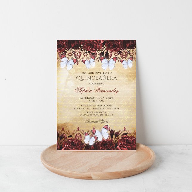 Vintage Red Floral Butterfly Quinceañera   Invitation (Vintage Red Floral Butterfly Quinceañera Invitation)