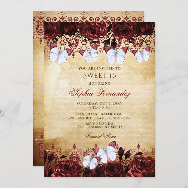 Vintage Red Floral Butterfly Sweet 16 Invitation (Front/Back)
