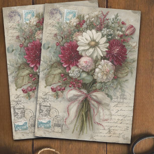 Vintage Red Floral Christmas Ephemera Decoupage Tissue Paper