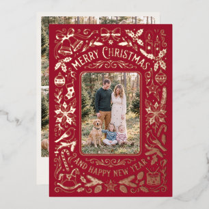 Vintage Red Floral Family Photo Christmas