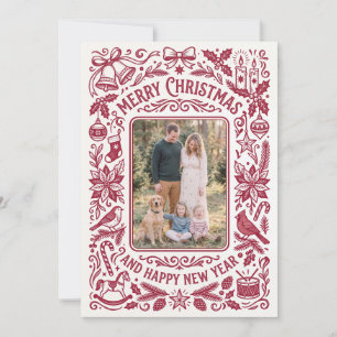 Vintage Red Floral Family Photo Christmas Holiday Card