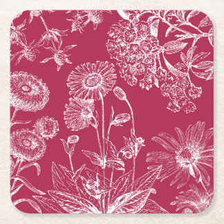 Vintage Red Floral Square Paper Coaster
