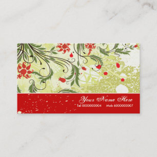 Vintage red flowers olive green grunge business card
