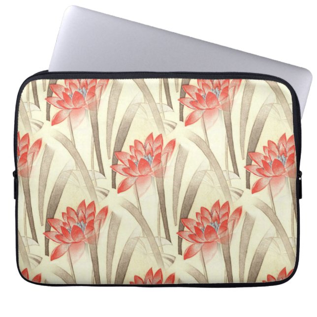 Vintage Red Flowers on Beige Pattern Laptop Sleeve (Front)