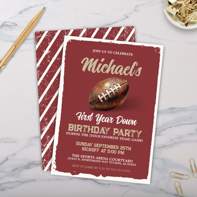 Vintage Red Football Theme 1st Birthday Party Invitation (Unique red burgundy maroon football theme party invitations for 1st birthday or any watch party)