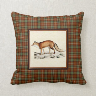 Vintage Red Fox with Rustic Fall Plaid Cushion