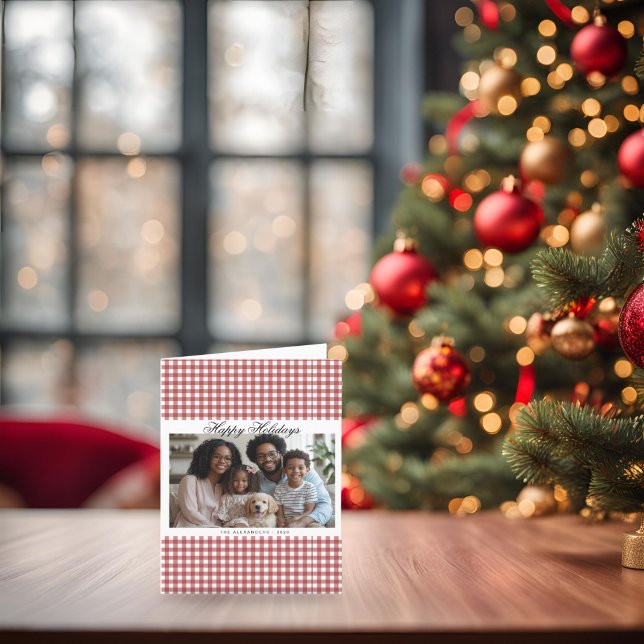 Vintage Red Gingham Holiday Photo Card (Folded Vintage Red Gingham Holiday Photo Card)
