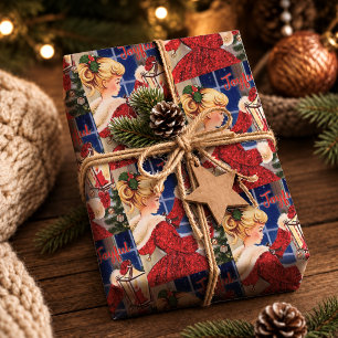 Vintage Red Glam Christmas Candle Lamp Girl Wrapping Paper