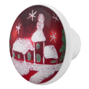 Vintage Red Glass Ball Christmas Snow House Church Ceramic Knob