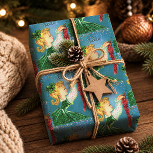 Vintage Red Glitter Monogram Christmas Girl Wrapping Paper