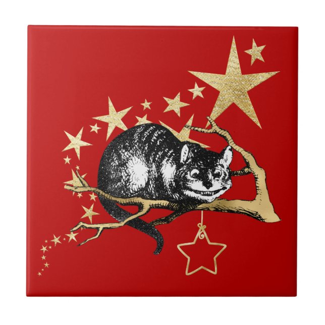 Vintage Red Gold Cheshire Cat Star Christmas Tile (Front)