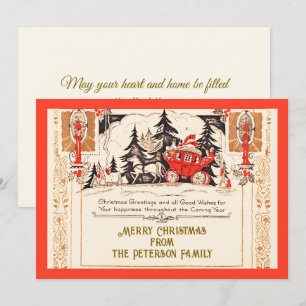 Vintage Red Gold Christmas Greetings Carriage Snow Holiday Card