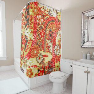 Vintage Red Gold Japanese Kimono Floral Floral Shower Curtain
