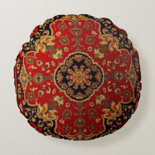 Vintage Red Gold Kashan Carpet Rug Persian Round Cushion