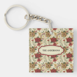 Vintage Red & Gold Poinsettia Floral Custon Name Key Ring