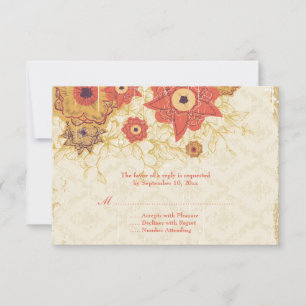 Vintage red gold poppy flowers wedding RSVP card