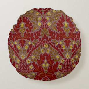 Vintage Red Gold William Morris Autumn Flowers Round Cushion