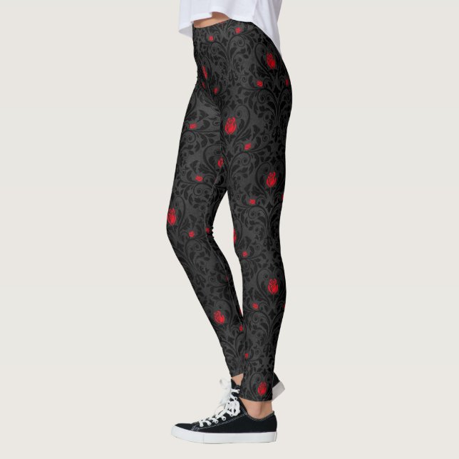 Vintage Red Gothic Rose Damask Pattern Leggings (Left)