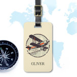 Vintage Red Green Biplane  Personalised Luggage Tag<br><div class="desc">Personalised distressed retro vintage red and green classic biplane in flight luggage tag design with a circle background</div>