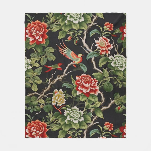 Vintage red green chinoiserie floral fleece blanket (Front)