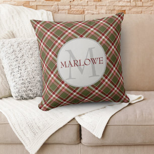 Vintage Red Green Classic Plaid Monogram Custom Cushion