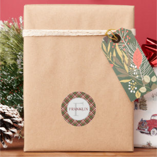 Vintage Red Green Classic Plaid Monogram Round Sticker