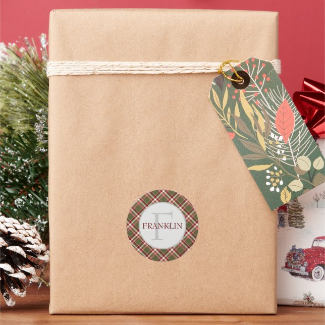 Vintage Red Green Classic Plaid Monogram Round Sticker (Holiday)