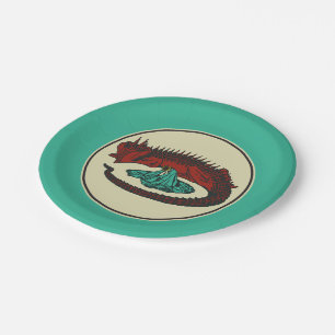 Vintage Red Green Dragon Lady Vector Art Nouveau Paper Plate