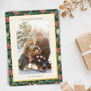 Vintage Red Green Floral Gold Christmas Blessings