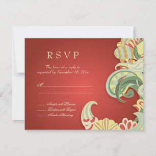 Vintage red green floral swirls wedding RSVP card