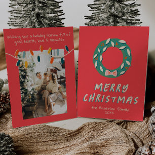 Vintage Red Green Hand Drawn Wreath Christmas  Holiday Card