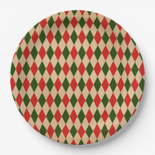 Vintage Red & Green Harlequin Pattern  Paper Plate