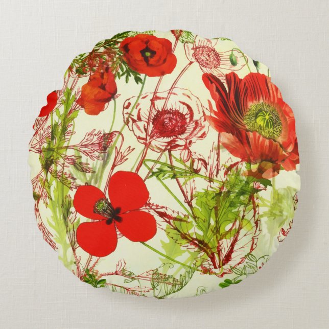 Vintage Red Green Poppies Summer Wildflowers Round Cushion (Front)
