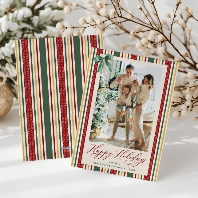 Vintage Red Green Stripes Bow Happy Holidays Photo Holiday Card (Creator Uploaded)