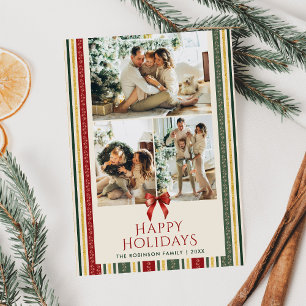 Vintage Red Green Stripes Happy Holidays 2 Photo Holiday Card