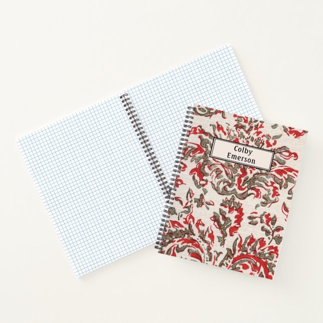 Vintage Red Grey Filigree Spiral Graph Paper Notebook (Inside)