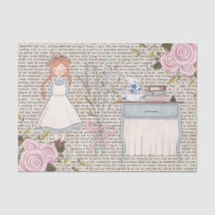 Vintage Red Hair Girl Roses Typewriter Decoupage Tissue Paper