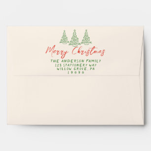 Vintage Red Hand Written Tree Merry Christmas Envelope