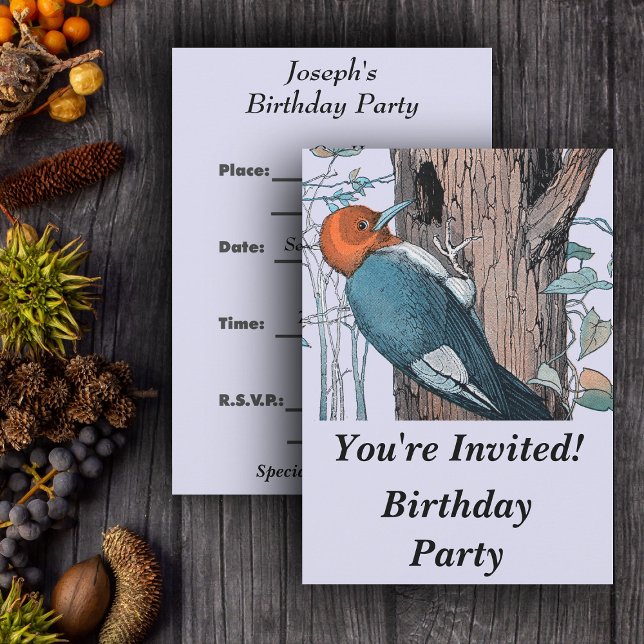 Vintage Red Head Woodpecker Tree Invitation (Red headed blue woodpecker on tree on light blue Birthday party invitations.)
