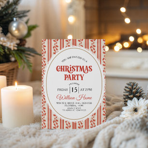 Vintage Red Holly Stripe Oval Christmas Invite