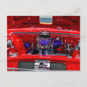 Vintage Red Hotrod Engine with Holley Carburettor Postcard