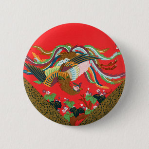 Vintage Red Japanese Phoenix Bird Art G.A. Audsley 6 Cm Round Badge