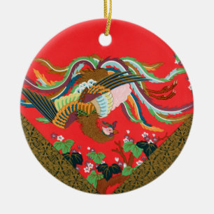 Vintage Red Japanese Phoenix Bird Art G.A. Audsley Ceramic Tree Decoration