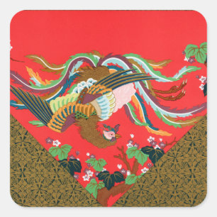 Vintage Red Japanese Phoenix Bird Art G.A. Audsley Square Sticker