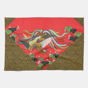 Vintage Red Japanese Phoenix Bird Art G.A. Audsley Tea Towel